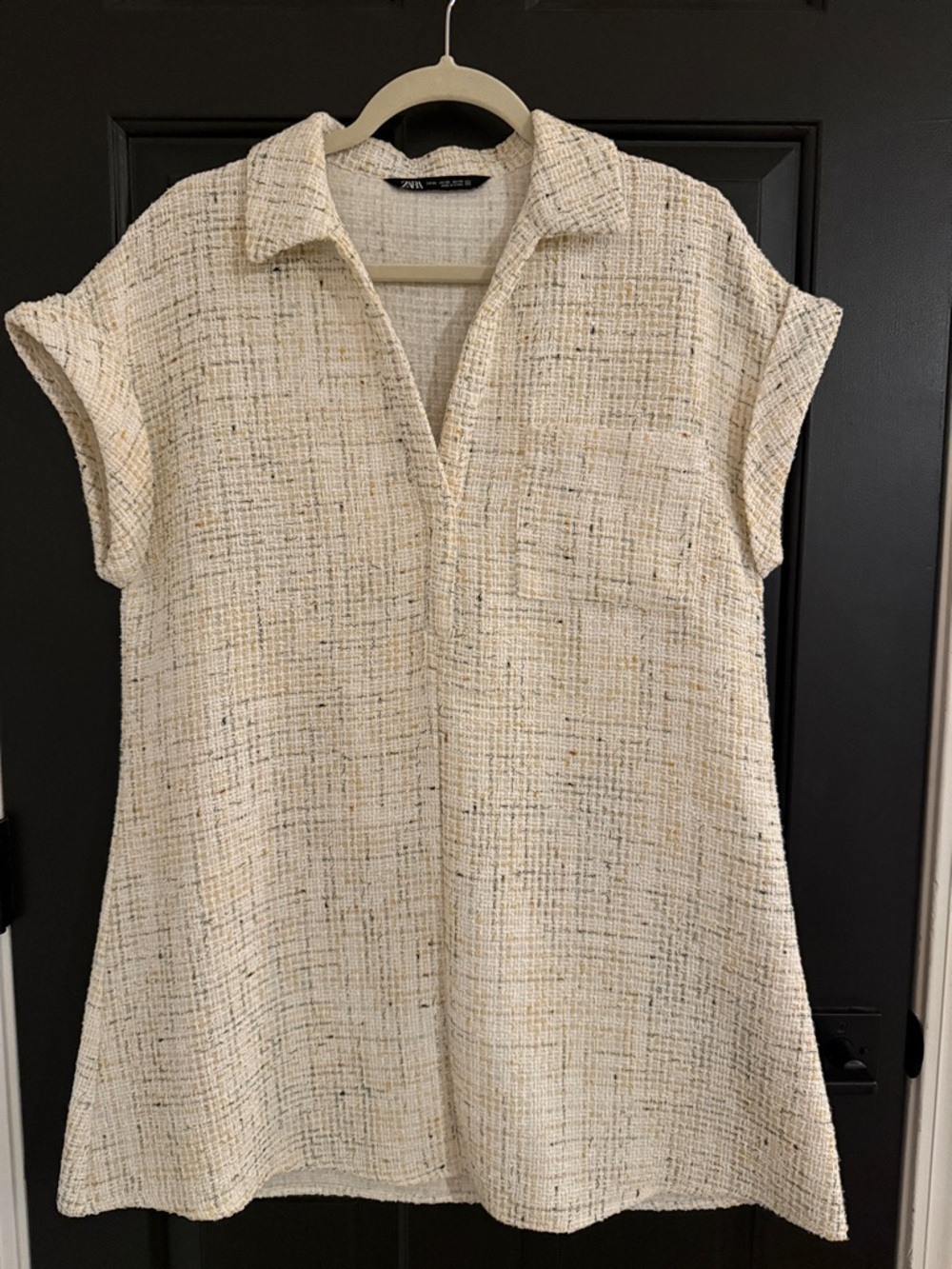 Zara Cream Speckled Short-Sleeve Collared Tunic